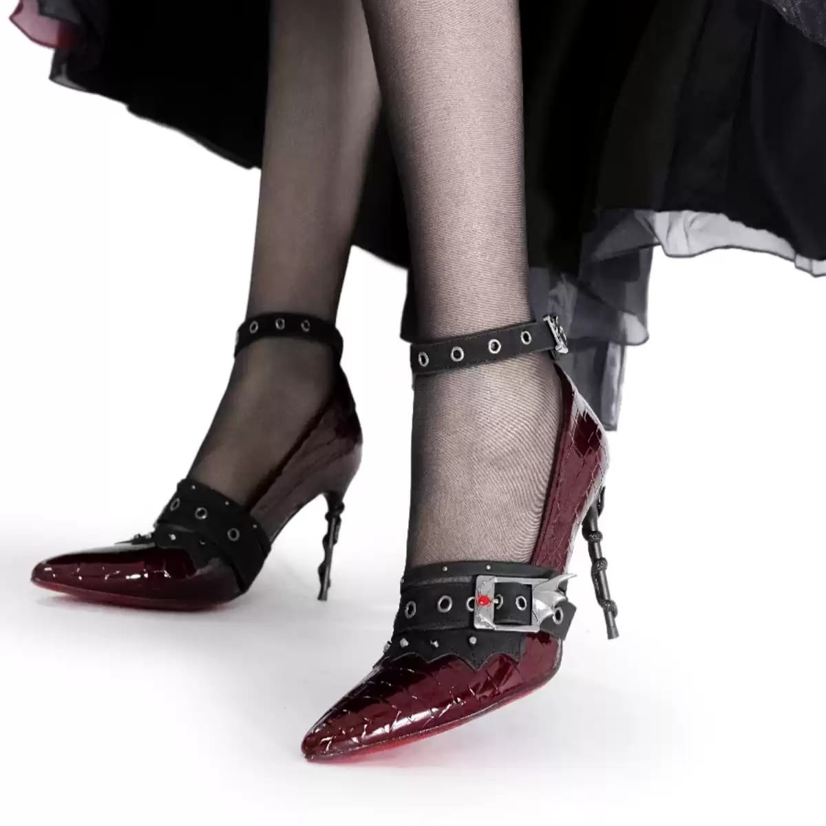 Kobine Women's Gothic Snakeskin Bat Wing Buckle Ankle Strap Stilettos