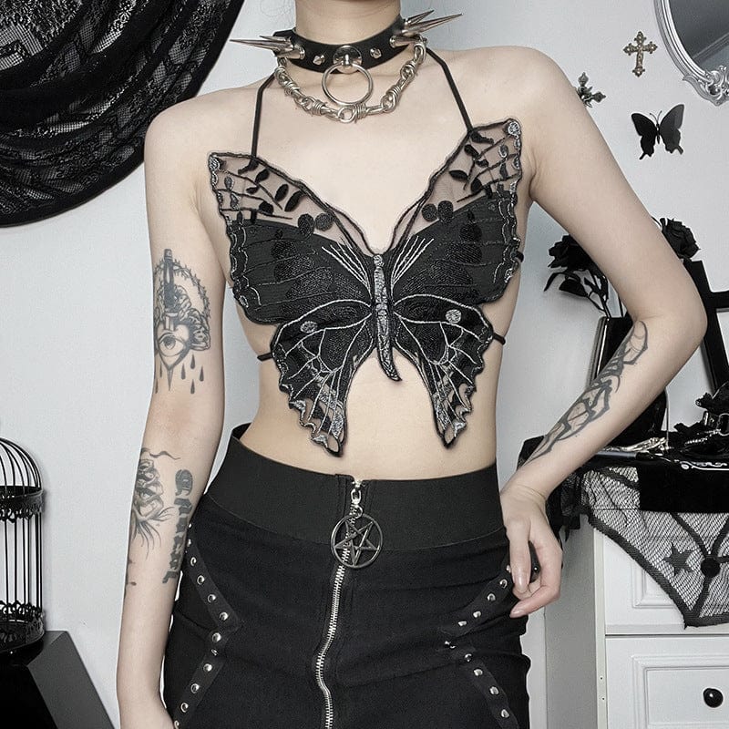 Kobine Women's Gothic Strappy Butterfly Embroidered Bustier
