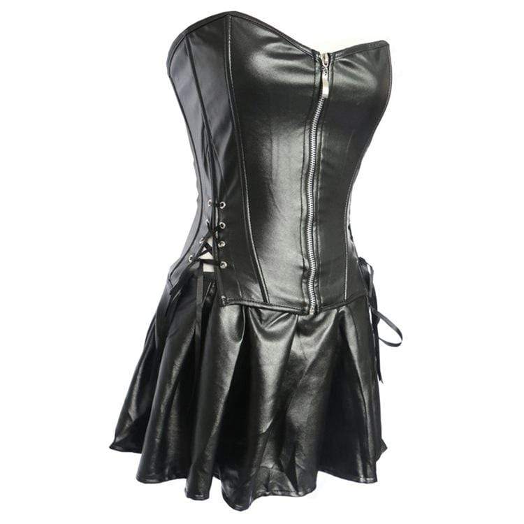 Kobine Women's Gothic Strappy Faux Leather Overbust Corset Dresses
