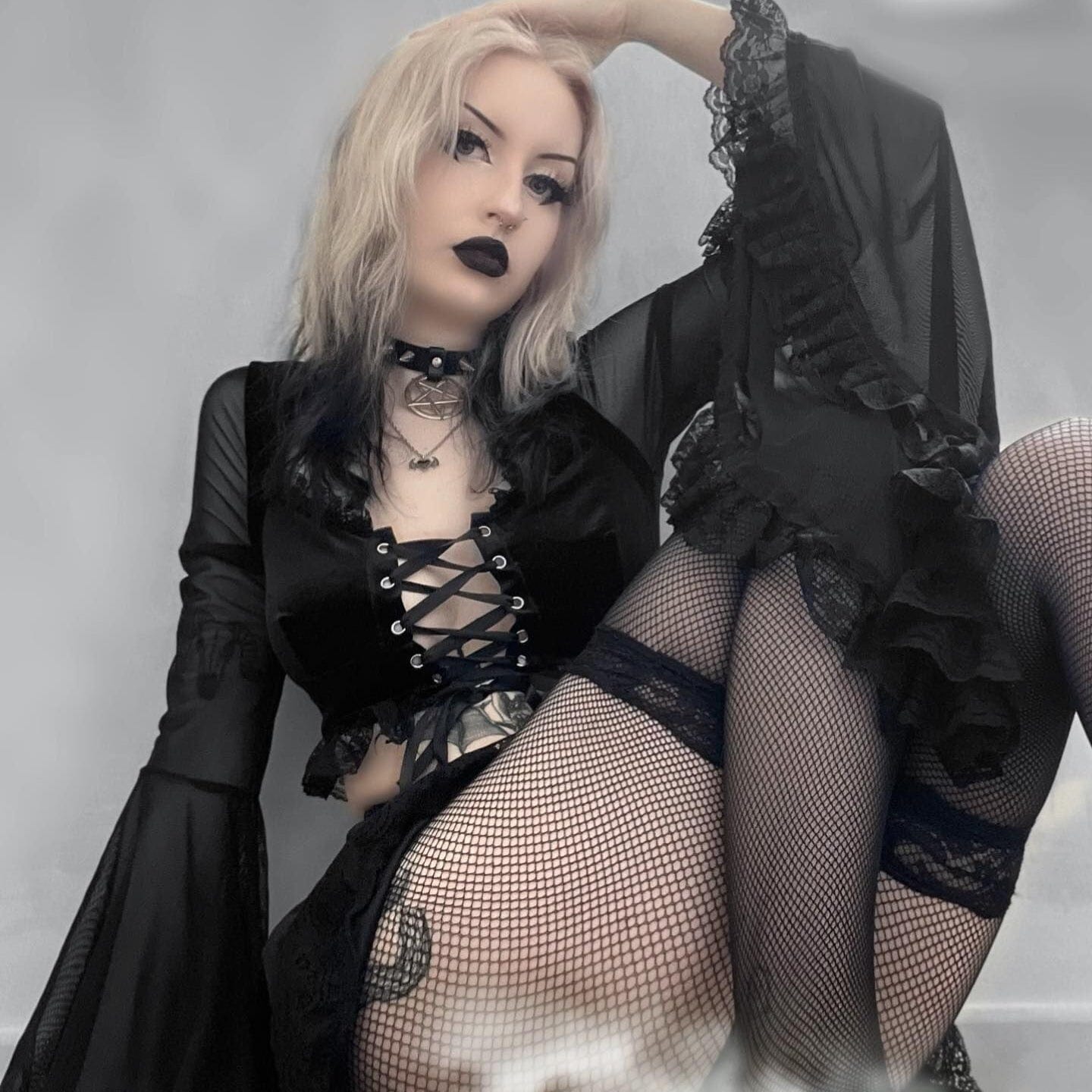 Kobine Women's Gothic Strappy Flared Sleeved Lace Shirt