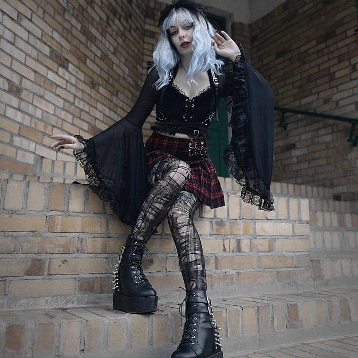 Kobine Women's Gothic Strappy Flared Sleeved Lace Shirt