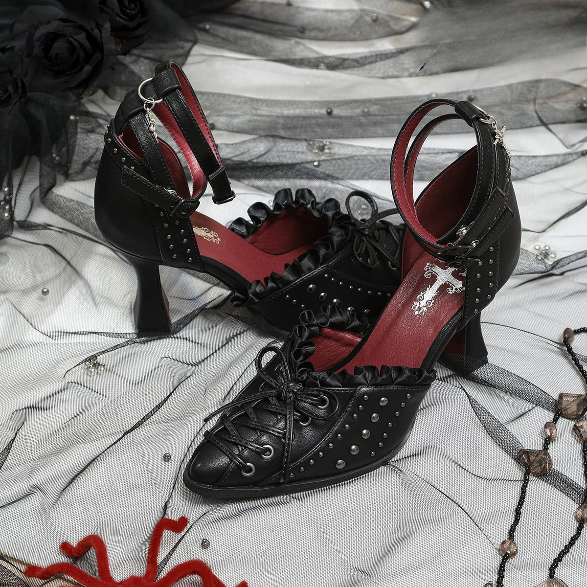 Kobine Women's Gothic Studded Ruffle Lace-up Ankle Strap Stilettos