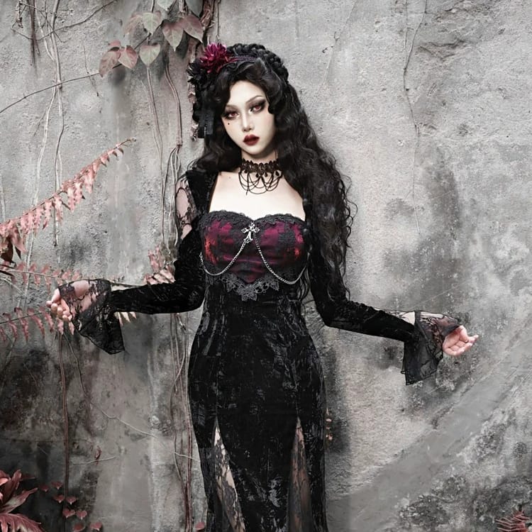 Women's Gothic Velvet Cross Chain Flare Sleeve Mermaid Maxi Dress - Punk Design