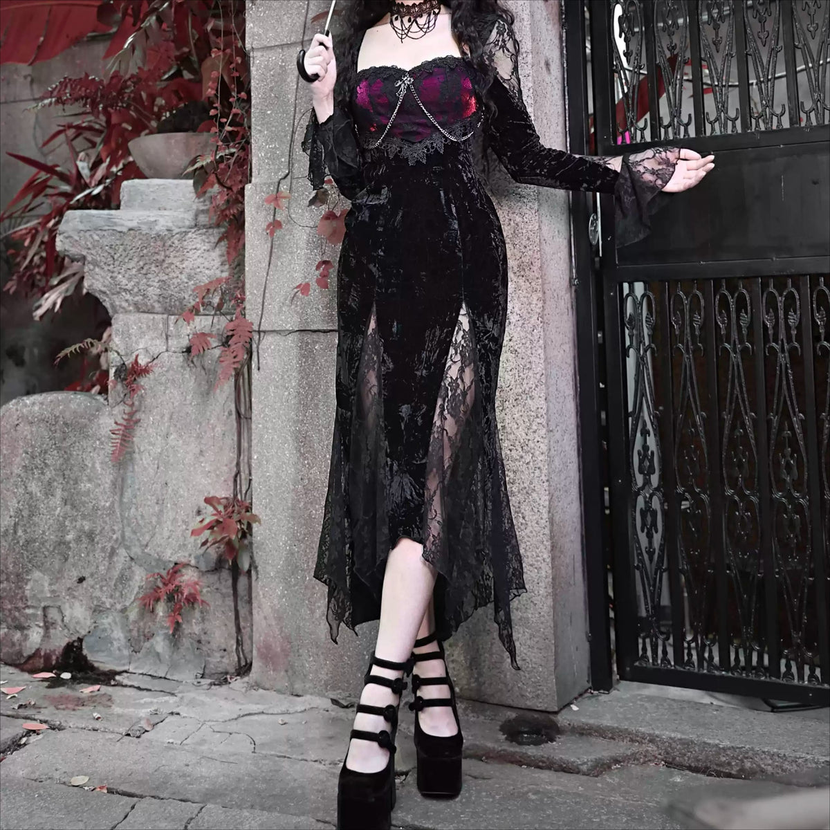 Women's Gothic Velvet Cross Chain Flare Sleeve Mermaid Maxi Dress - Punk Design