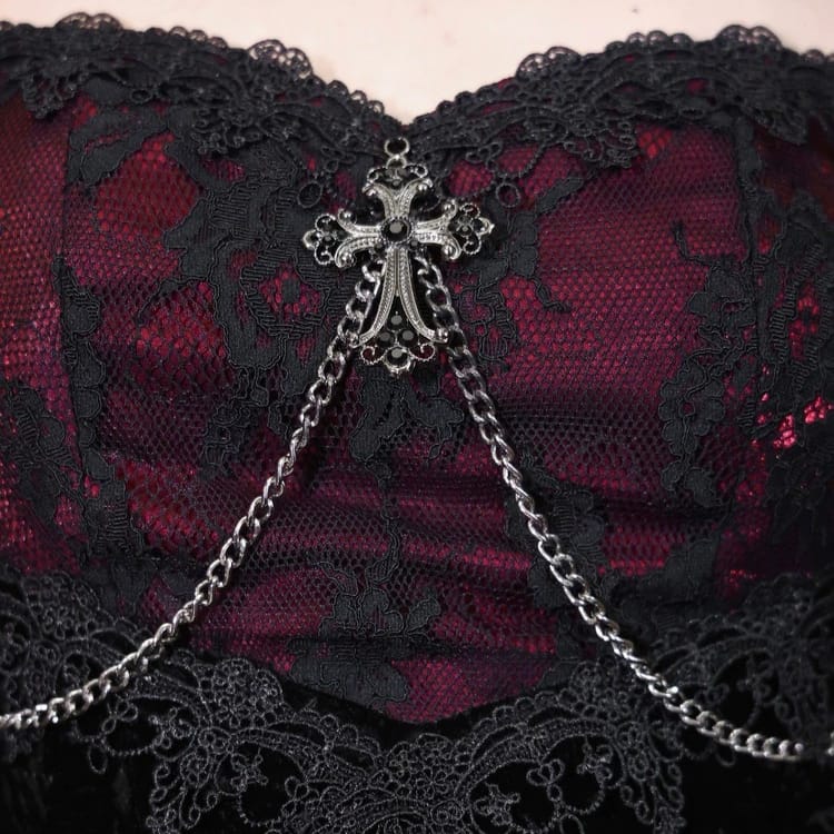 Women's Gothic Velvet Cross Chain Flare Sleeve Mermaid Maxi Dress - Punk Design