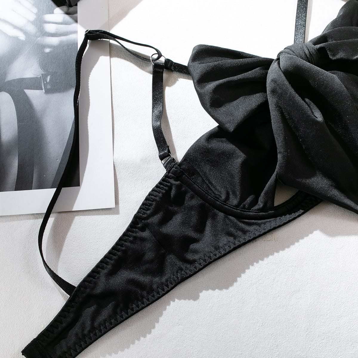 Kobine Women's Grunge Bowknot Sexy Strappy Lingerie Set with Garter & Gloves