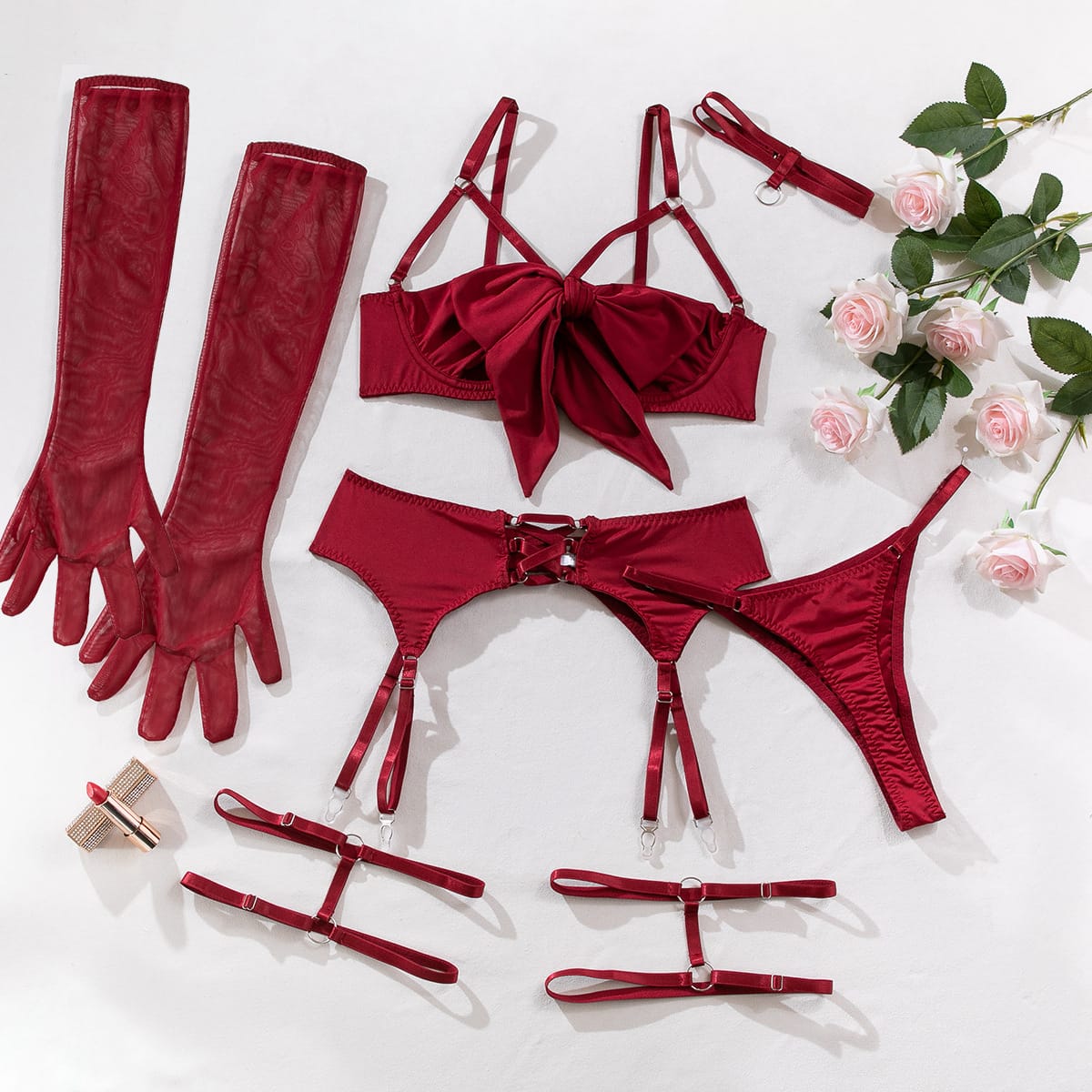 Kobine Women's Grunge Bowknot Sexy Strappy Lingerie Set with Garter & Gloves