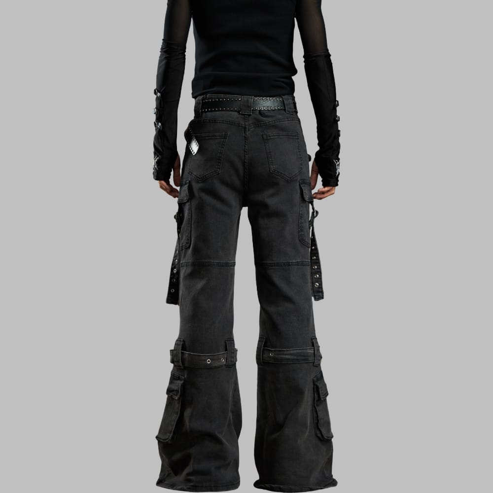 Kobine Women's Grunge Buckle Straps Multi Pockets Flare Pants