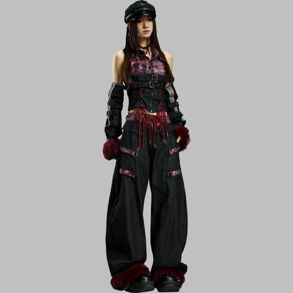 Kobine Women's Grunge Buckle Straps Plaid Patchwork Crop Top with Sleeves
