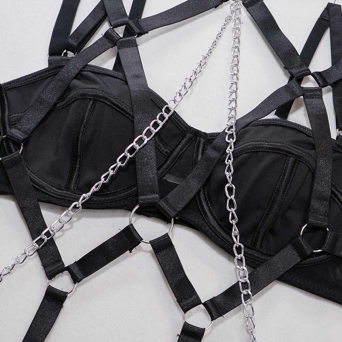 Kobine Women's Grunge Chain Ring Linked Choker Sexy Harness Lingerie Set