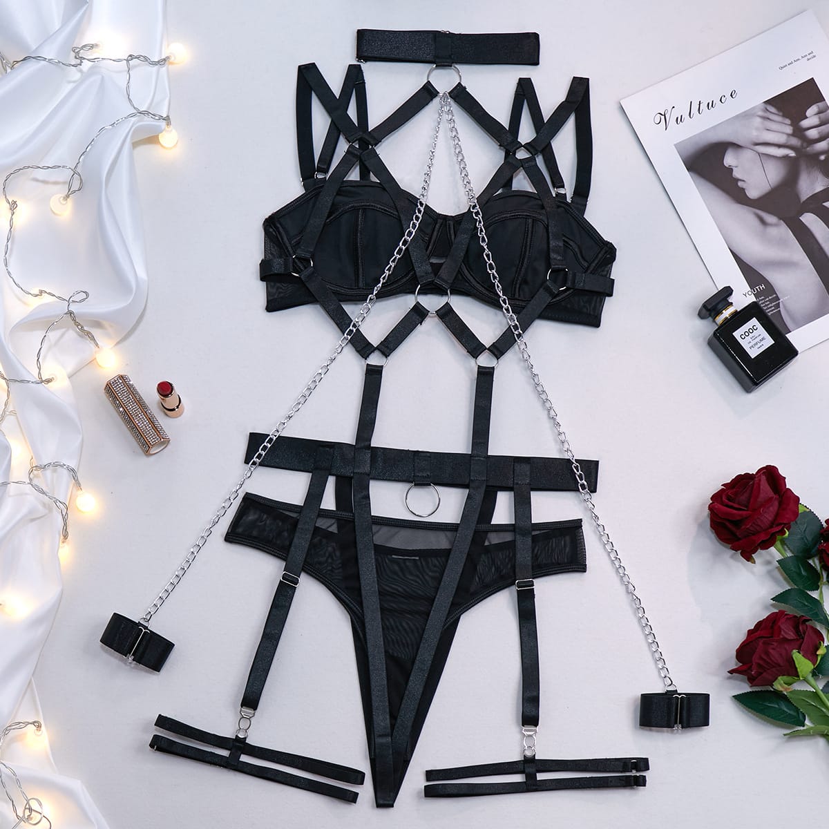 Kobine Women's Grunge Chain Ring Linked Choker Sexy Harness Lingerie Set