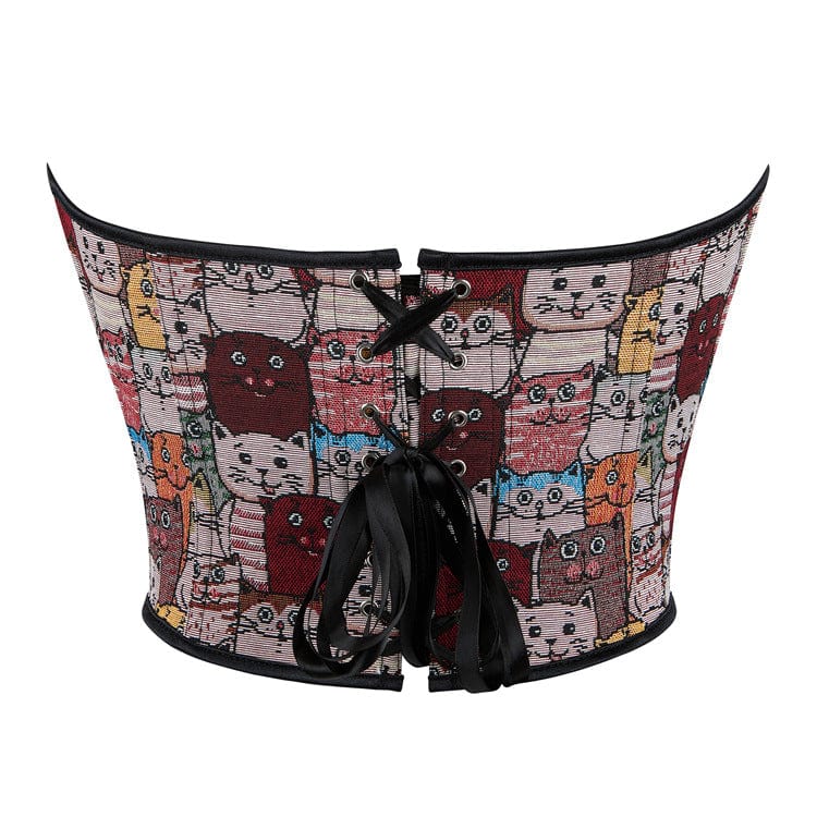Kobine Women's Grunge Colourful Cat Embroidered Overbust Corset
