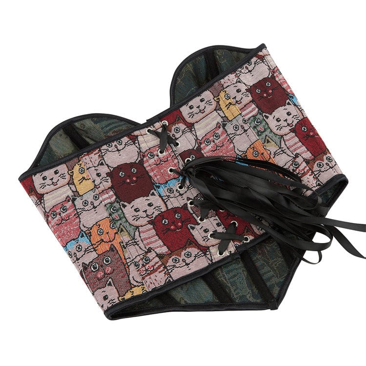 Kobine Women's Grunge Colourful Cat Embroidered Overbust Corset