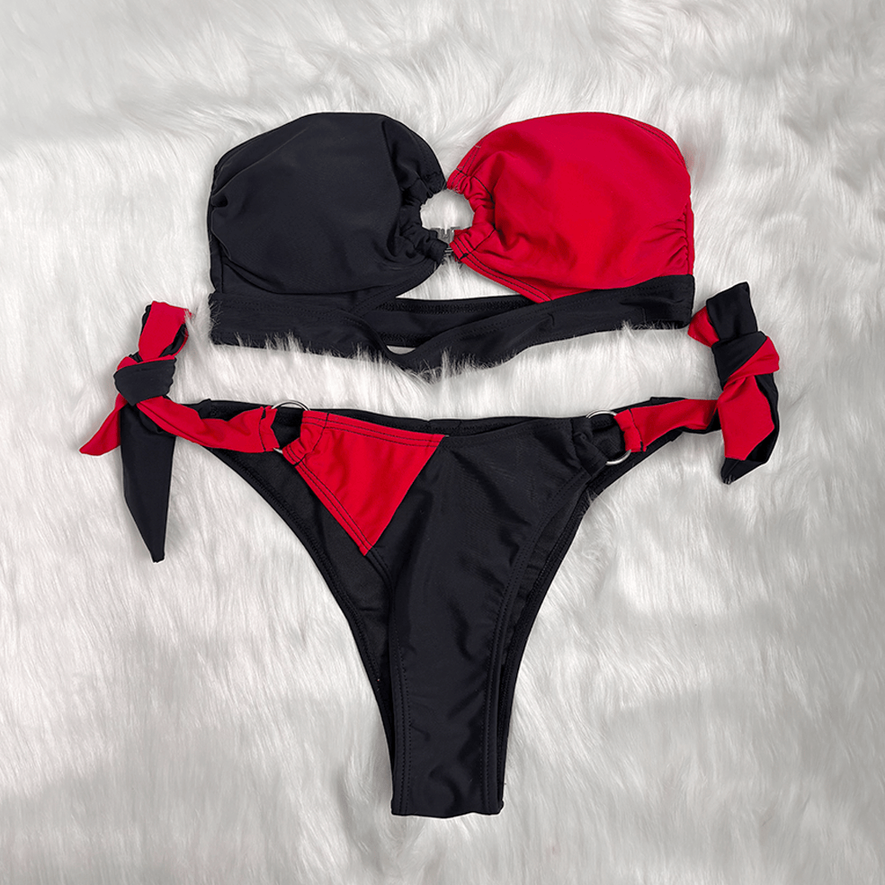 Kobine Women's Grunge Contrast Color Ring Tie Side Bikini Set