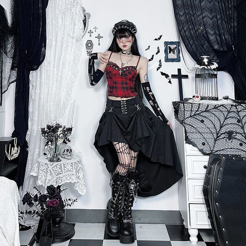 Kobine Women's Grunge Cross Lace Hem Plaid Bustier