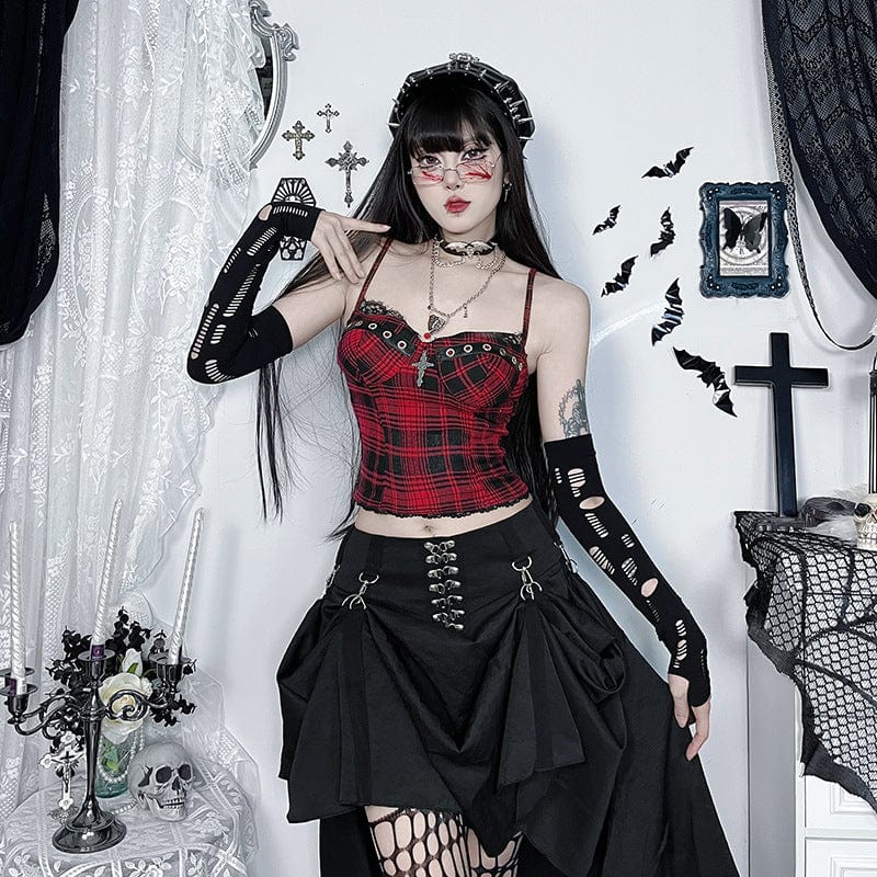 Kobine Women's Grunge Cross Lace Hem Plaid Bustier