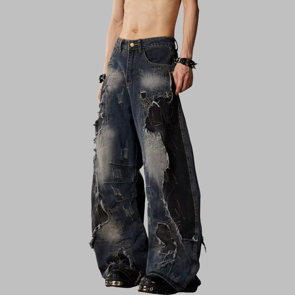 Kobine Women's Grunge Distressed Patchwork Ultra Wide Leg Jeans