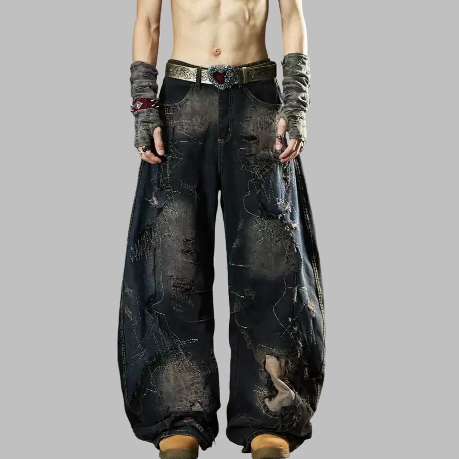 Kobine Women's Grunge Distressed Patchwork Ultra Wide Leg Jeans