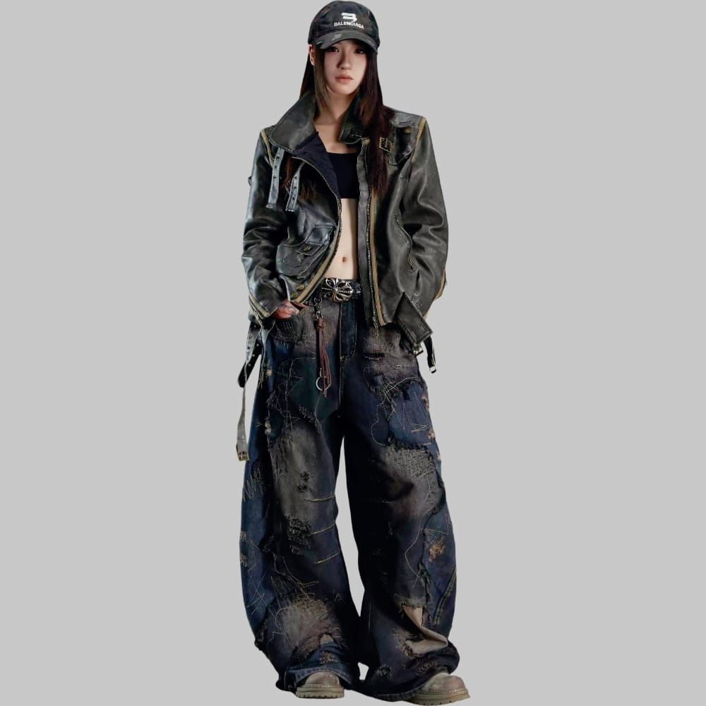 Kobine Women's Grunge Distressed Patchwork Ultra Wide Leg Jeans