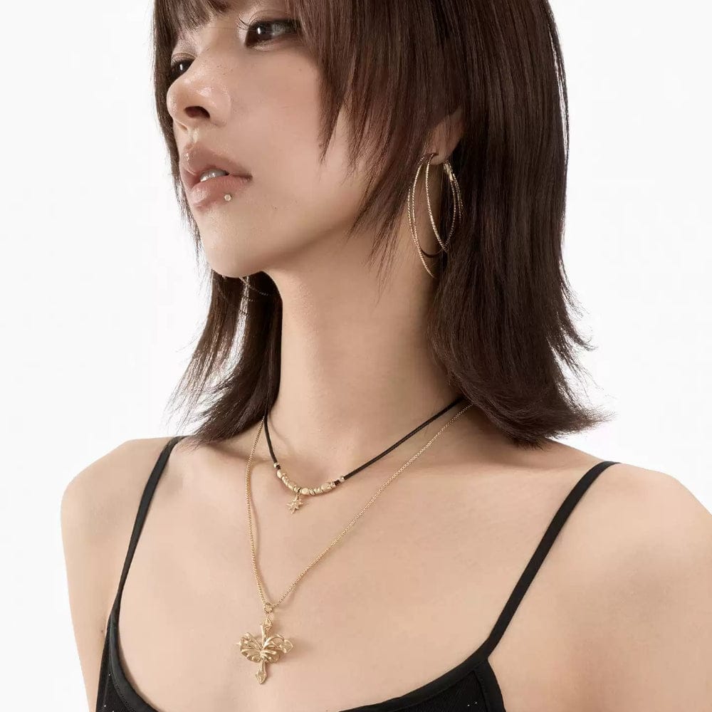 Kobine Women's Grunge Double-layered Star Cross Necklace