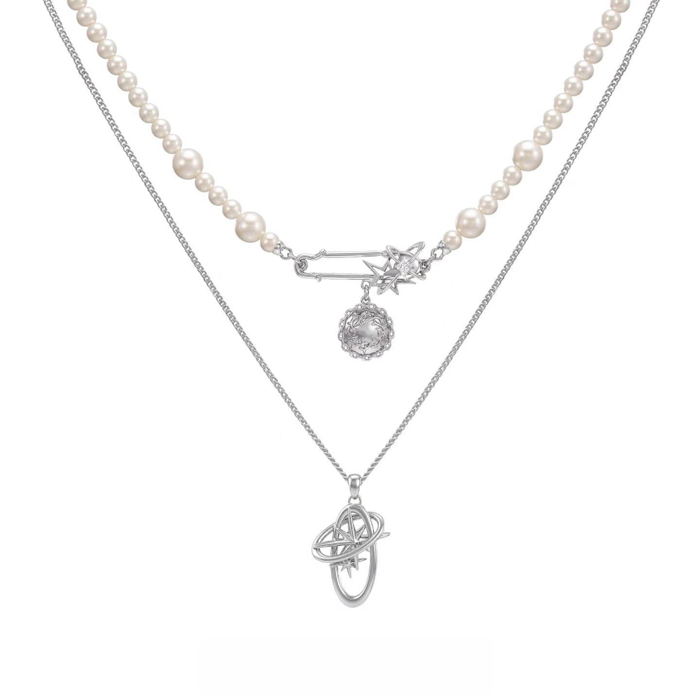 Kobine Women's Grunge Geometry Star Pearl Double Layer Necklace