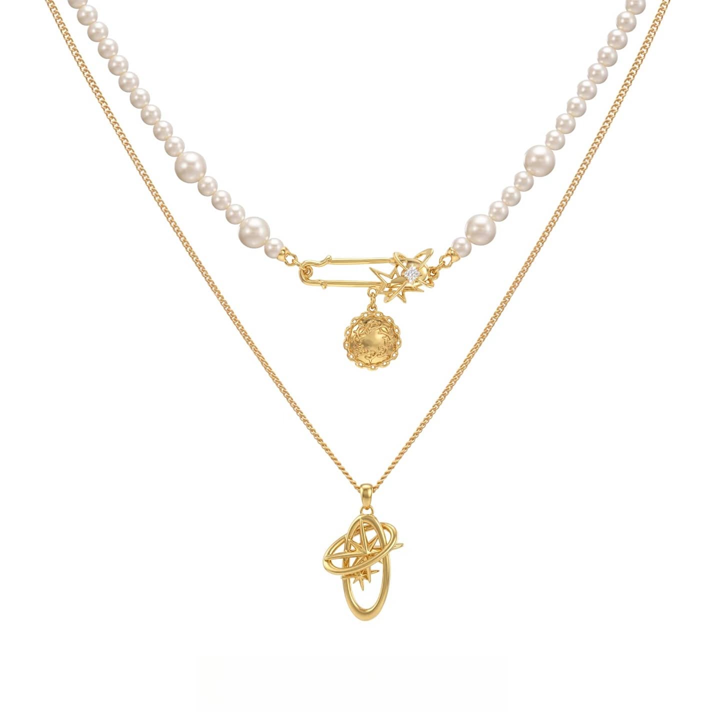 Kobine Women's Grunge Geometry Star Pearl Double Layer Necklace