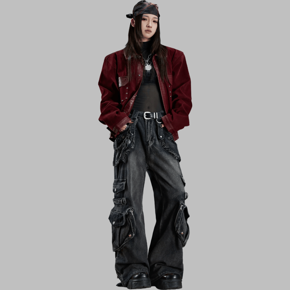 Kobine Women's Grunge Graphic Print Wide Leg Pants with Detachable Waist Sash