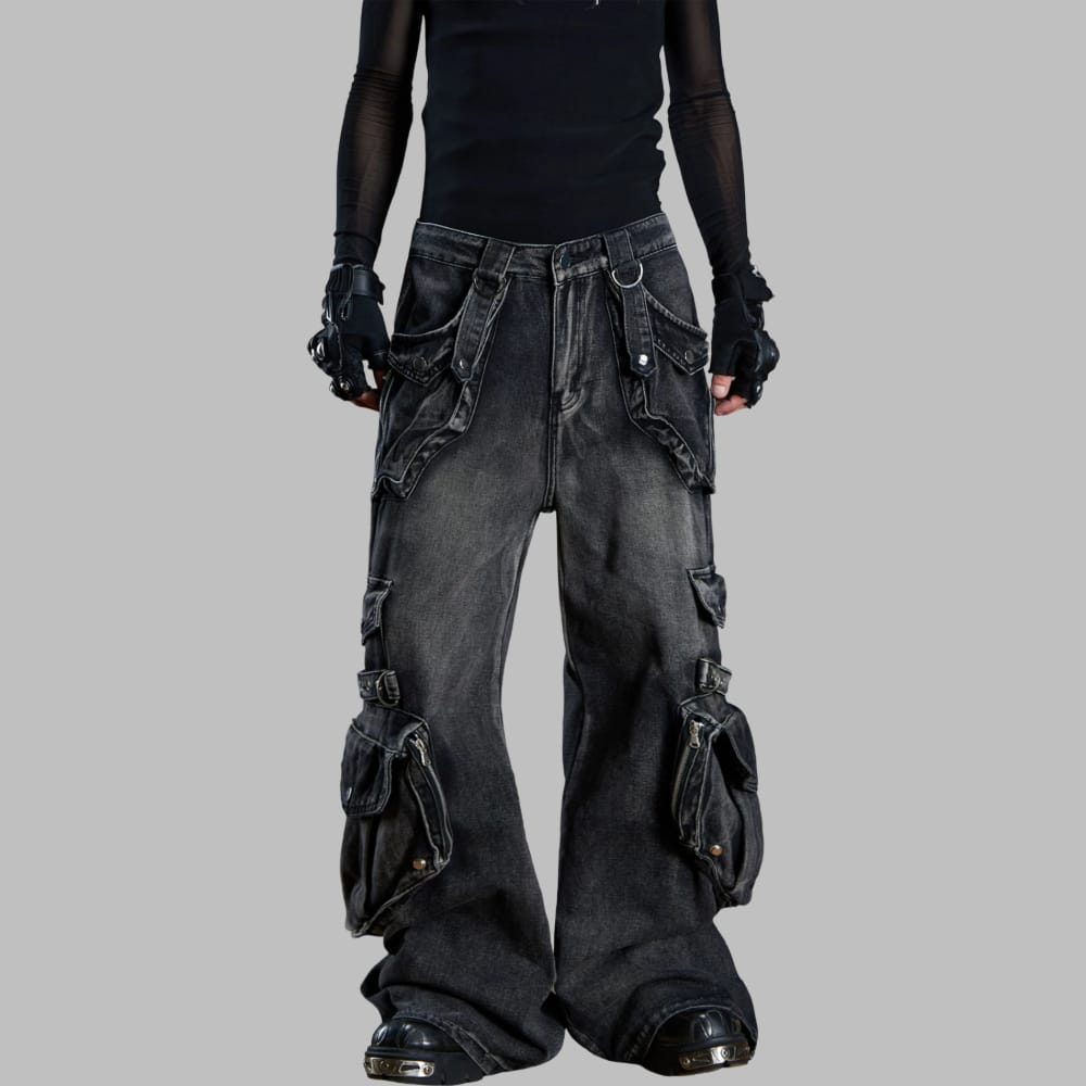 Kobine Women's Grunge Graphic Print Wide Leg Pants with Detachable Waist Sash