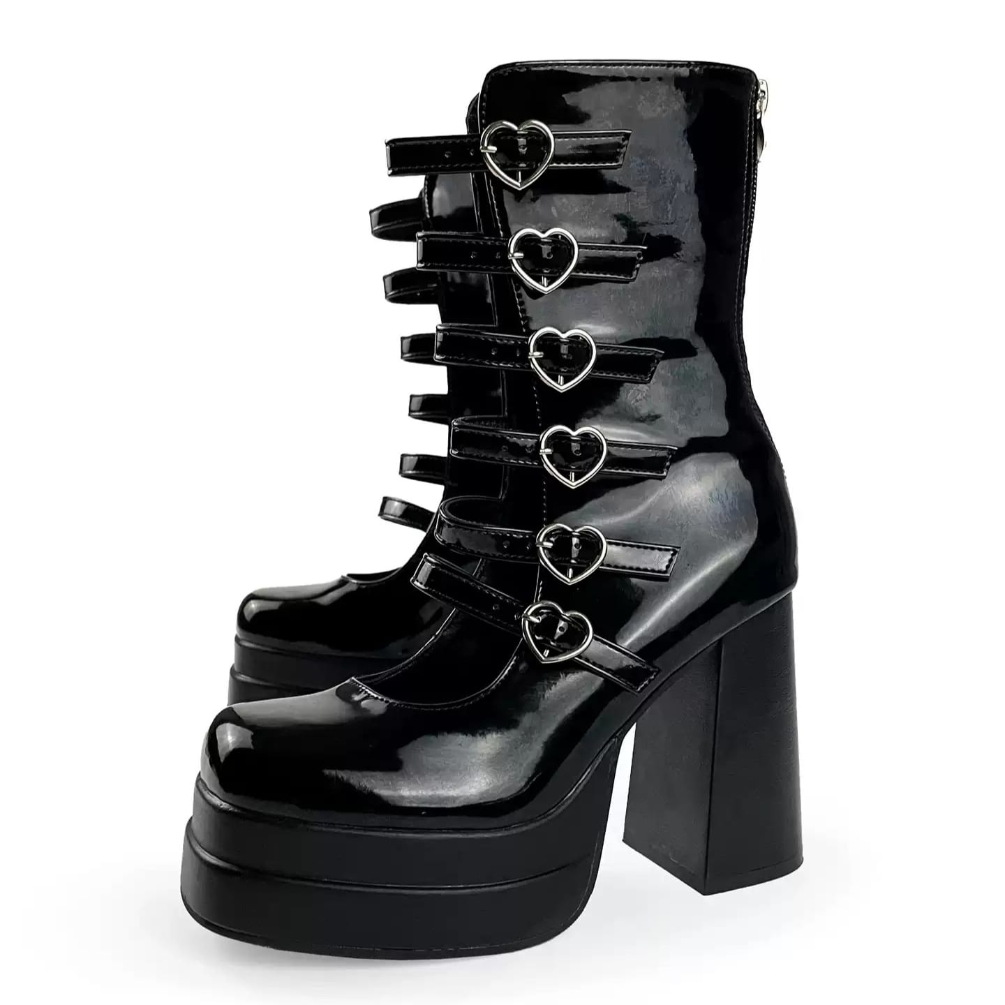 Kobine Women's Grunge Heart Buckles Layered Straps Platform Block Heel Boots