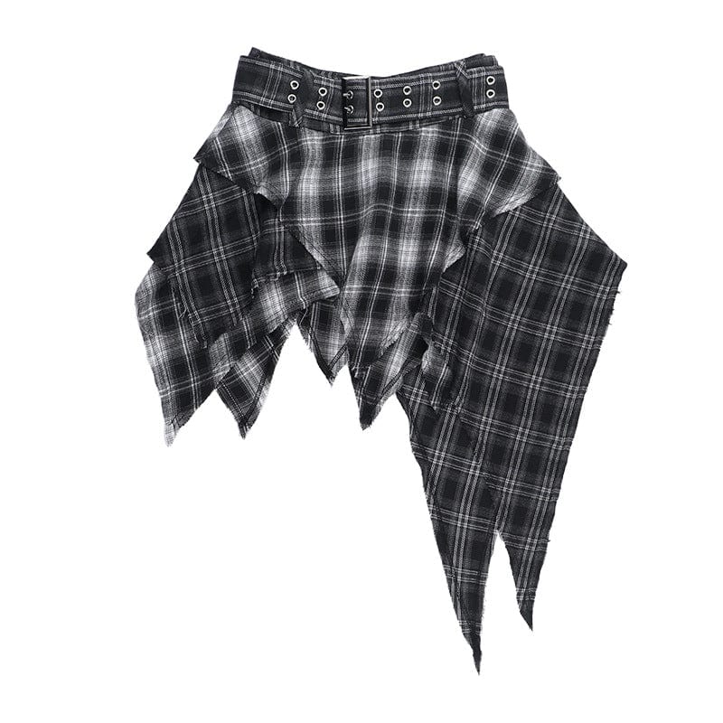 Kobine Women's Grunge Irregular Buckle Plaid Skirt