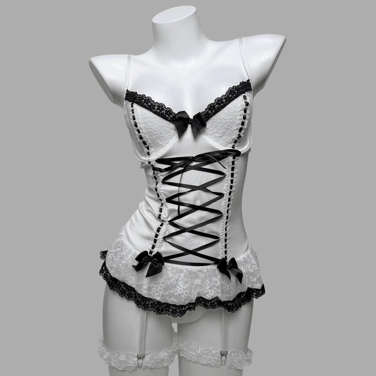 Kobine Women's Grunge Lace Ruffled Lace-up Sexy Lingerie Set with Garter