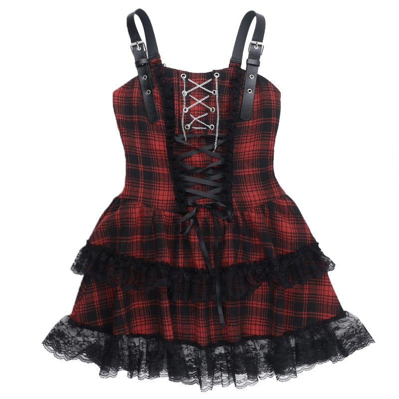 Kobine Women's Grunge Lace-up Lace Splice Plaid Party Slip Dress