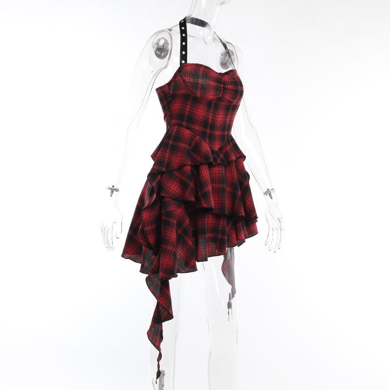 Kobine Women's Grunge Layered Haterneck Plaid Dress