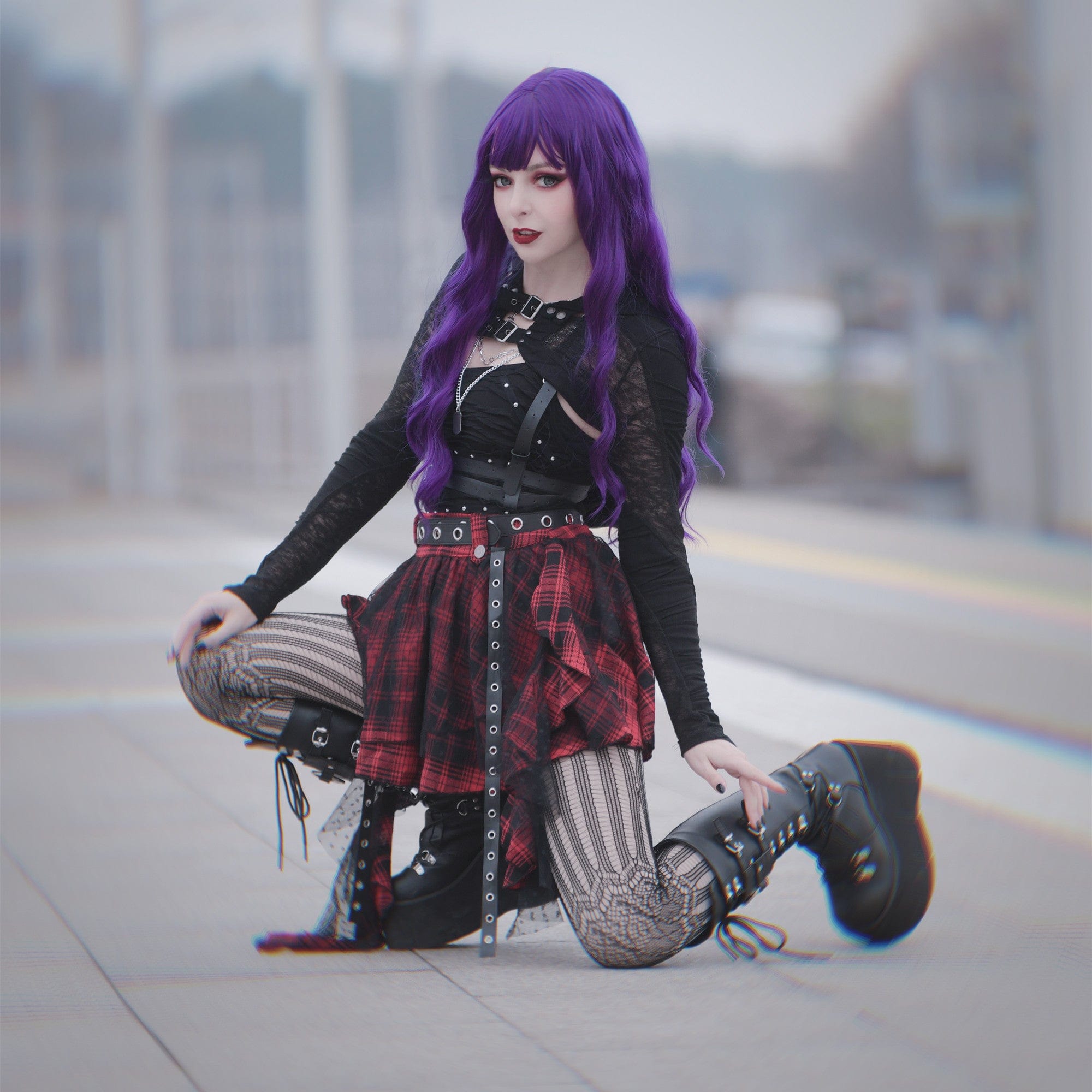 Kobine Women's Grunge Mesh Grid Bubble Short Skirt Red