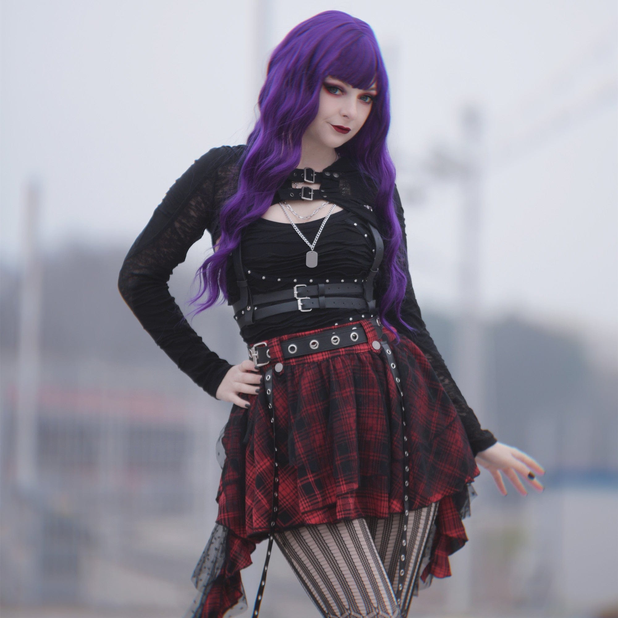 Kobine Women's Grunge Mesh Grid Bubble Short Skirt Red