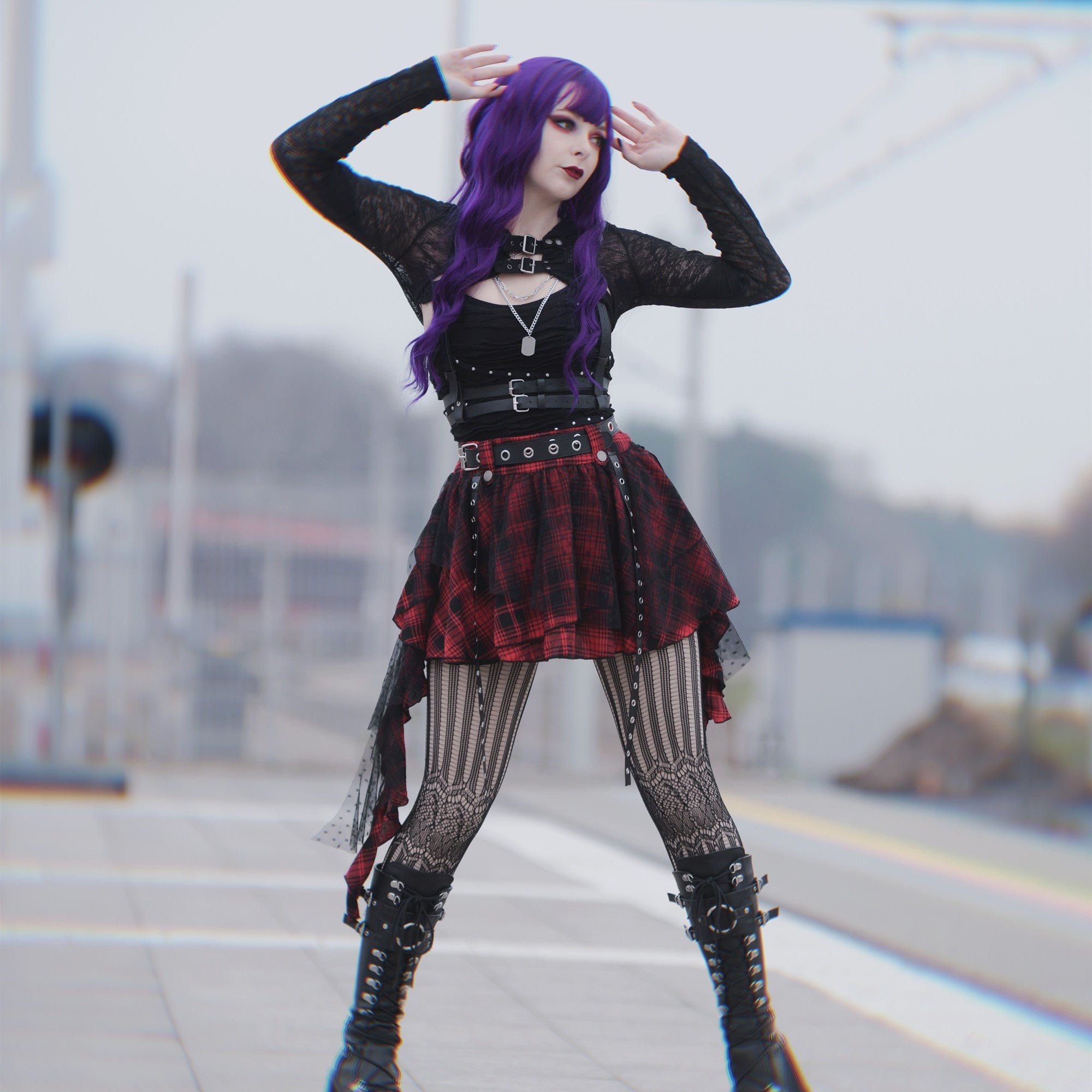 Kobine Women's Grunge Mesh Grid Bubble Short Skirt Red