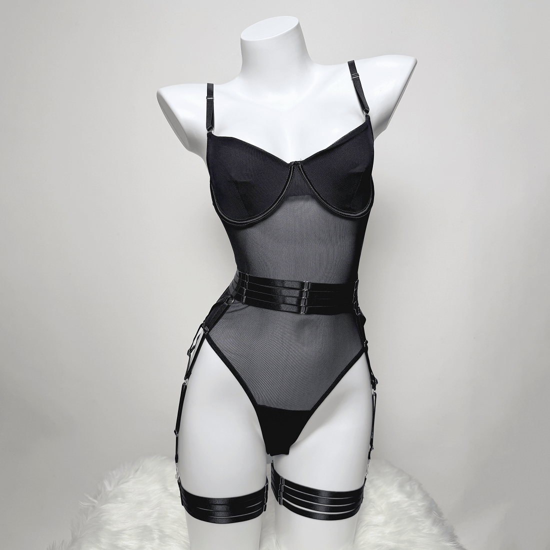 Kobine Women's Grunge Mesh Sheer Sexy One-piece Lingerie Set with Gloves