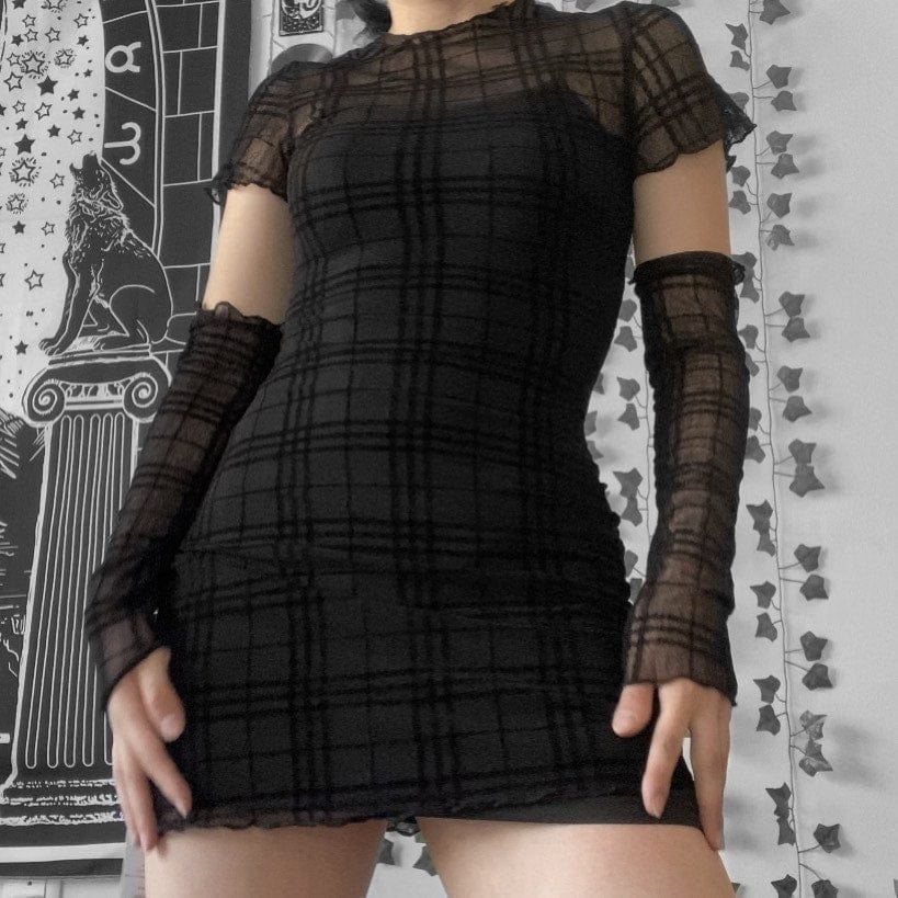 Kobine Women's Grunge Plaid Sheer Dress with Slip Dress and Oversleeve