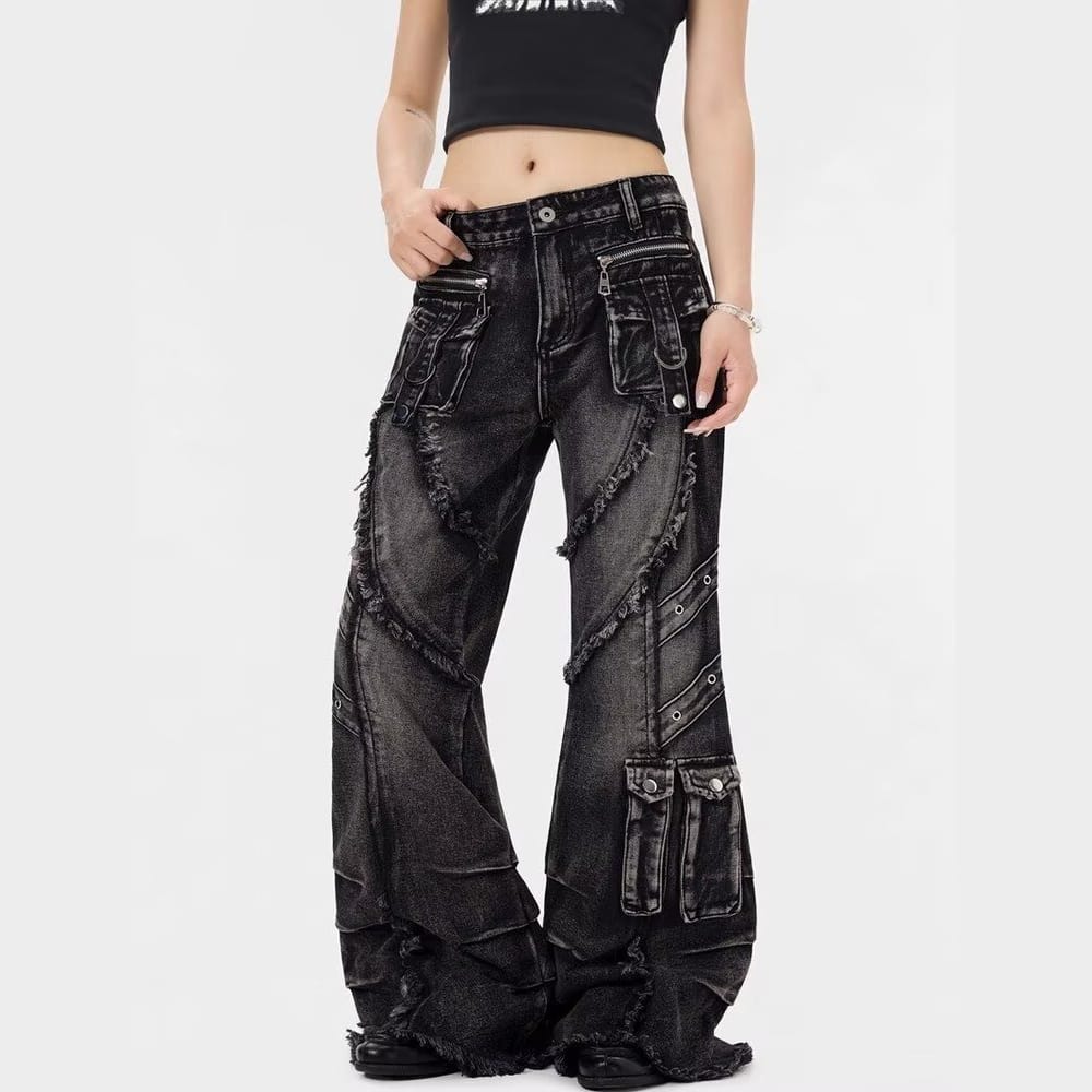 Kobine Women's Grunge Raw Edge Flare Jeans