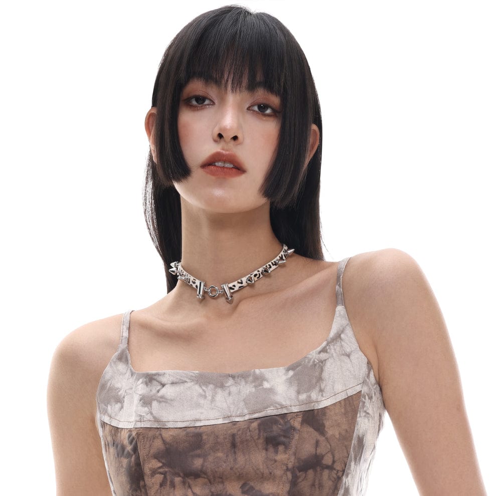 Kobine Women's Grunge Rivets Leopard Printed Choker