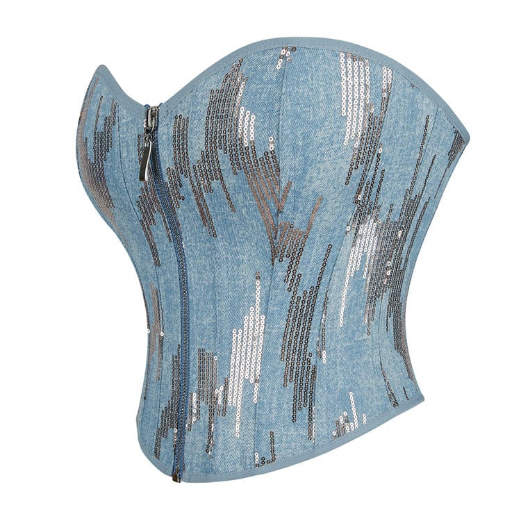 Kobine Women's Grunge Sequin Zipper Denim Overbust Corset