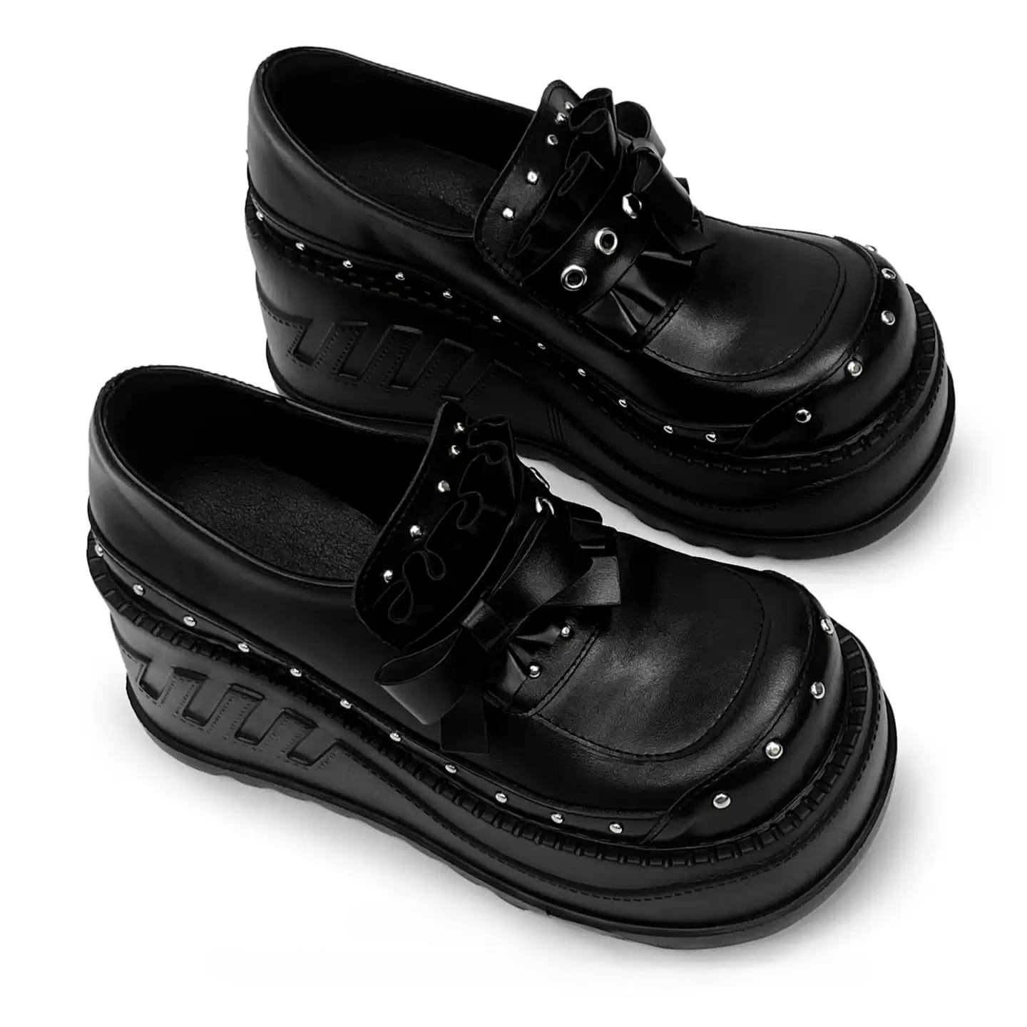 Kobine Women's Grunge Studded Eyelet‑Strap Bow Wedge Platform Shoes
