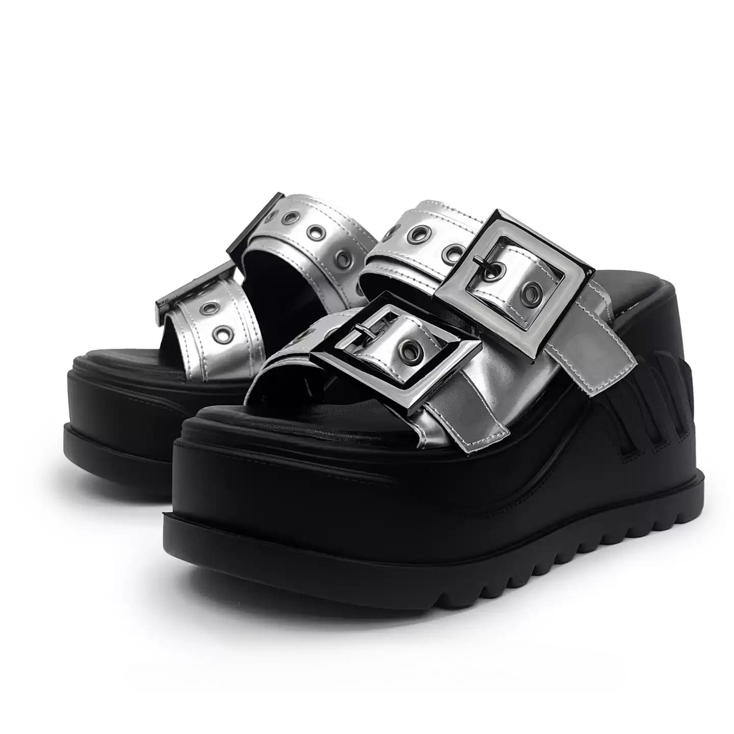 Kobine Women's Grunge Two‑Tone Buckle Strap Wedge Slide Sandals