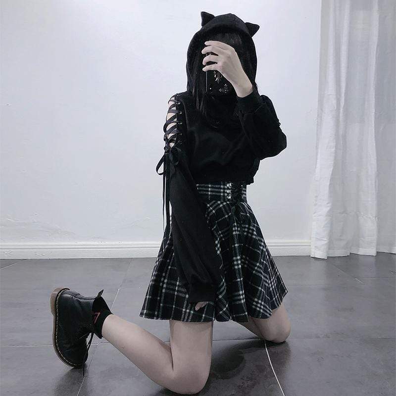 Kobine Women's Lace-up Hollowed Short Sweatershirts With Hood