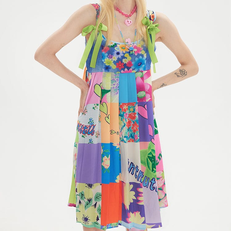 Kobine Women's Pink Kawaii Floral Plaid Splice Slip Dress