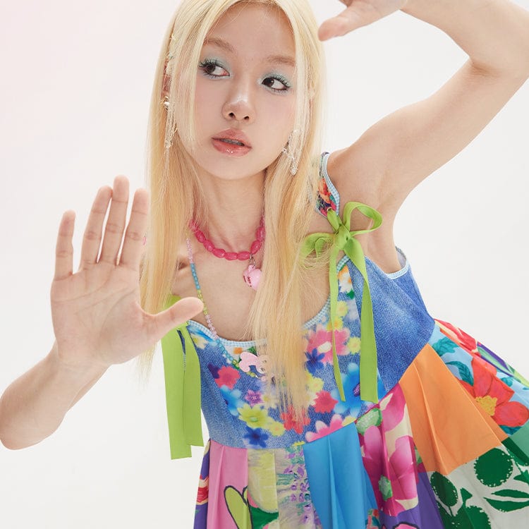 Kobine Women's Pink Kawaii Floral Plaid Splice Slip Dress