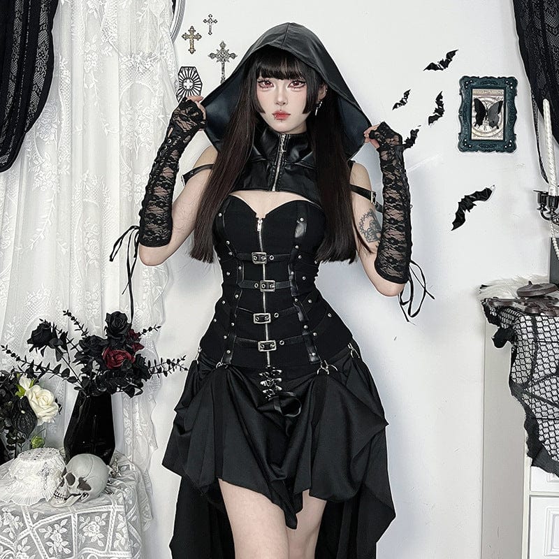 Kobine Women's Punk Buckle Faux Leather Short Cape with Hood