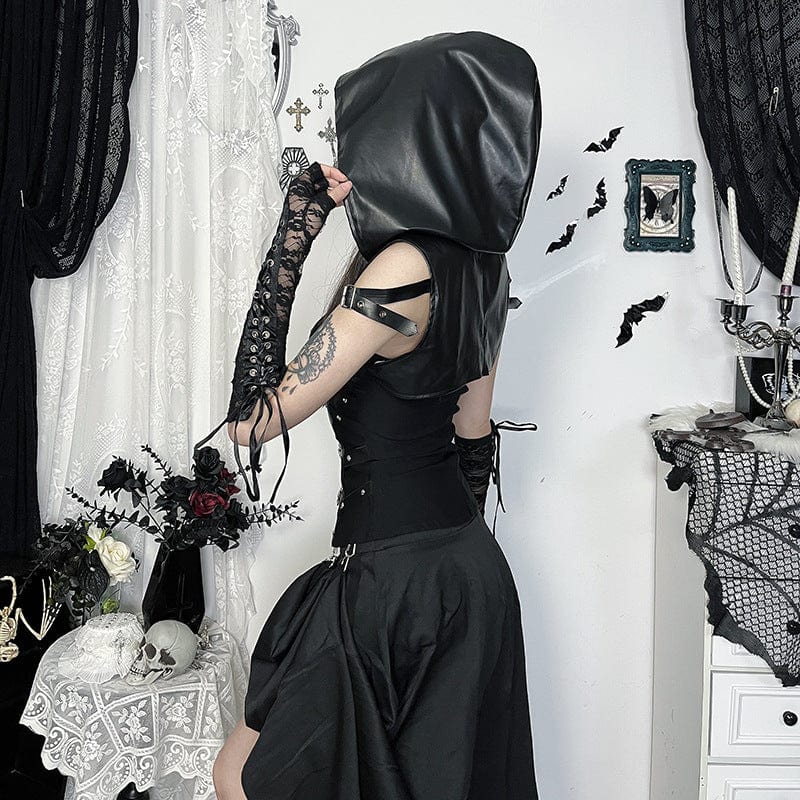 Kobine Women's Punk Buckle Faux Leather Short Cape with Hood