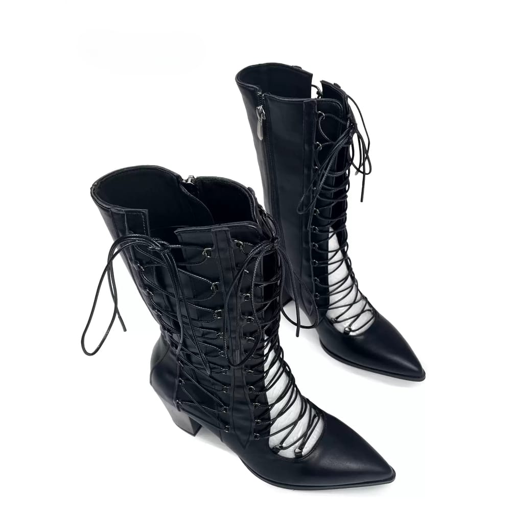 Kobine Women's Punk Criss‑cross Lace-up Cutout Pointed‑Toe Block Heel Boots