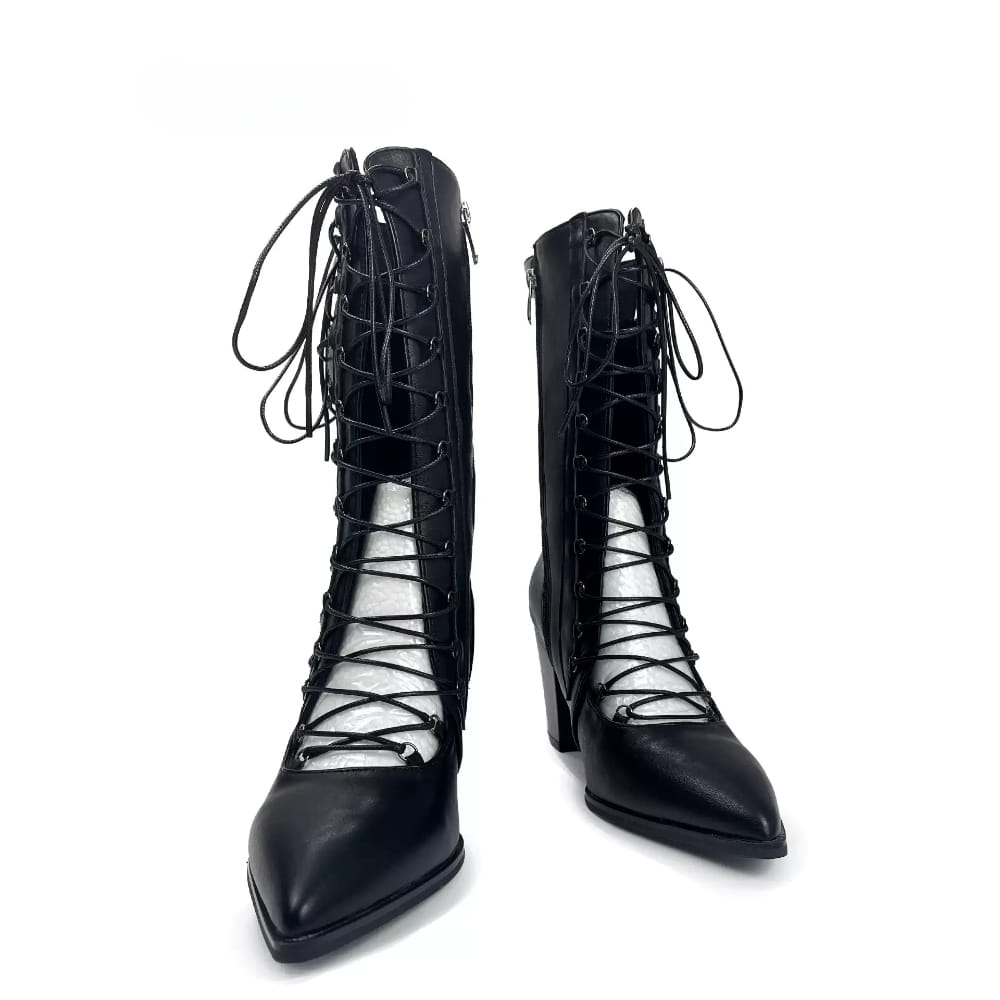 Kobine Women's Punk Criss‑cross Lace-up Cutout Pointed‑Toe Block Heel Boots